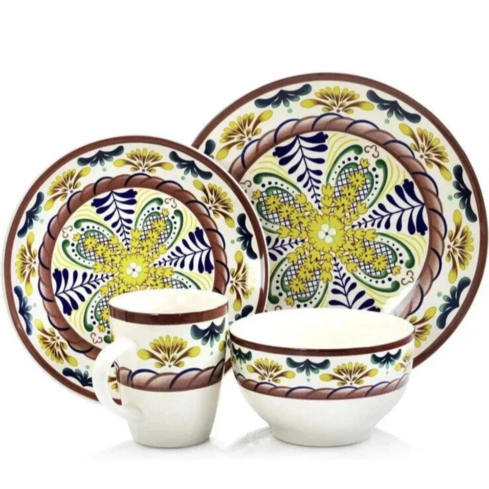 Elama Countryside Sunrise Stoneware Dinnerware Set 16 Pieces Yellow Multicolor